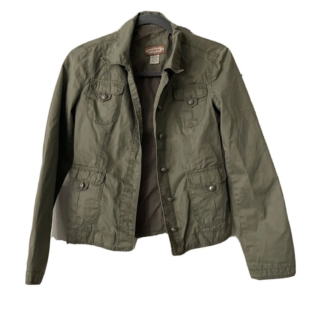 Active Junior Womens Military Jacket Size Small Button Up Pockets Green Lined